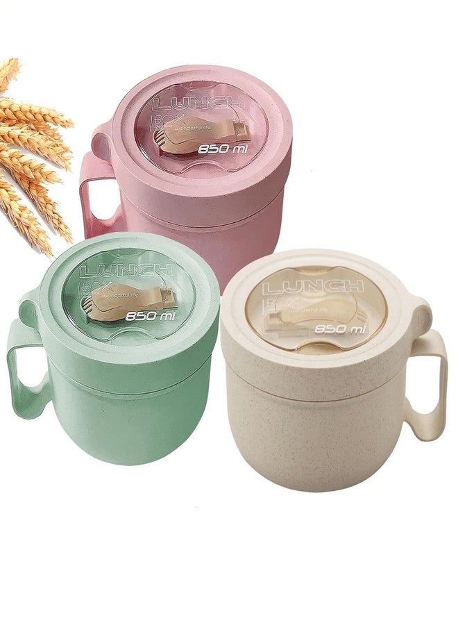 Rarapop 3 Pack Microwave Soup Bowl Containers with Lids, 28.7oz Wheat Straw Ramen Noodles Cup Mug for Instant Noodles,Oatmeal, Gumbo, Salad,Crunch,Cereal & More, Easy-Grip Design(Beige, Pink, Green) - Image 1